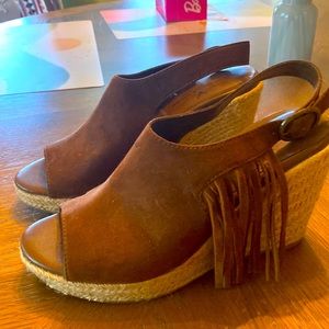 American Eagle wedges- only worn 1 time! Brown suede fringe with jute wedge heel
